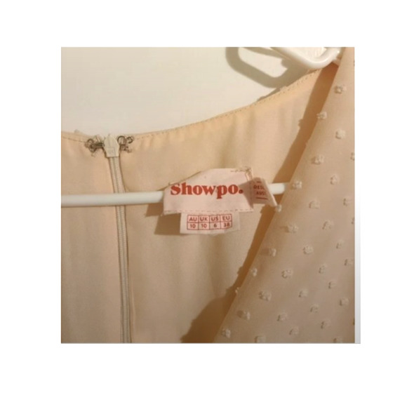 V-Neck RUFFLED Beige Swiss Dot Mini Dress - Showpo - Size 6 - Picture 6 of 7